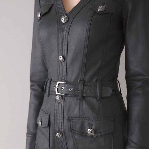 WHBM STUNNING! WASHABLE Coated Denim Shirt Dress Black Leather Look size 14 NWT - Picture 4 of 5